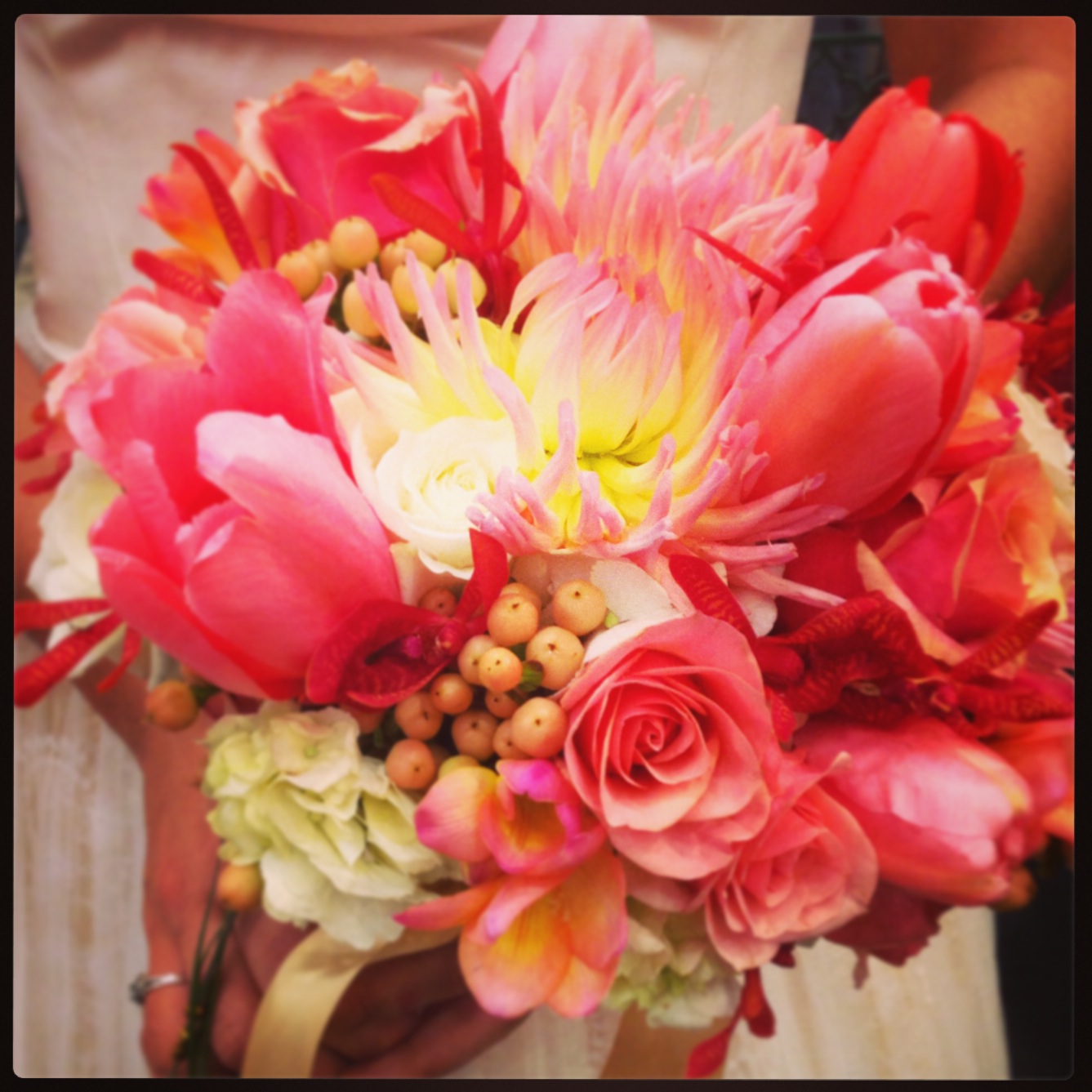 Peach Dahilias & Peach Tulip Bouquet Columbus Wedding Flowers