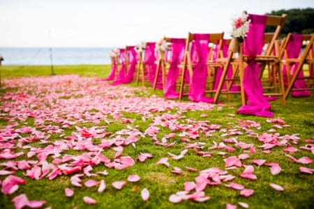 Scattered Flower Petals on Grass Aisle