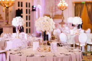 Image of a beautifully decorated wedding venue. Indoor