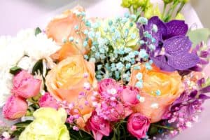 Pink orange purple roses colorful bouquet. Beautiful Flowers composition macro close up. Spring floral romantic gift card background. Flower shop and florist design concept
