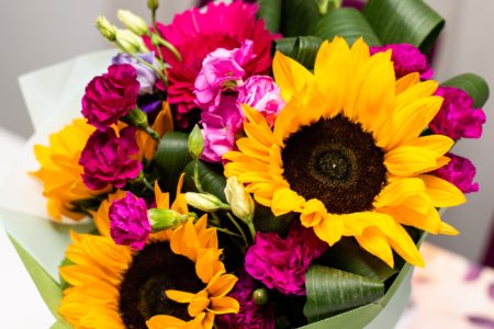 Sunflower spring bouquet. Flower arrangement of various flowers in different vivid colours.