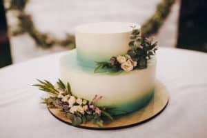 two-tiered wedding cake decorated with branches of greenery, stands on a table in the woods