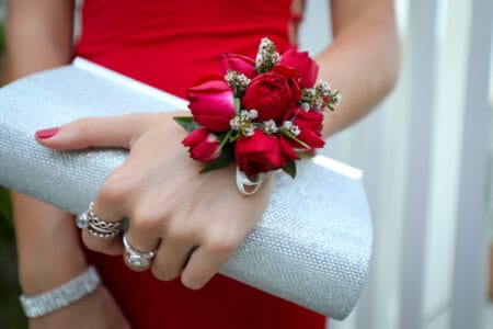 Red dress and red corsage