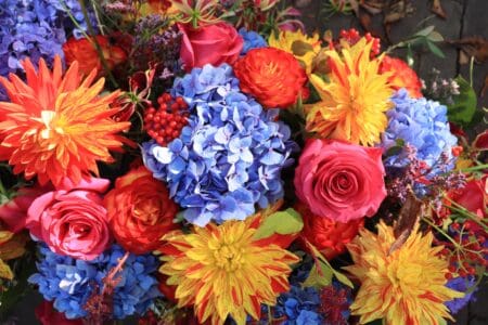 Autumn wedding flower arrangement in bright colors